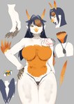 anthro beak big_breasts biped black_clothing black_hair black_thong black_underwear breasts claws clothed clothing curvy_figure feathers featureless_breasts female front_view hair hand_on_hip kemono long_hair non-mammal_breasts orange_body orange_feathers partially_visible_vulva solo thick_thighs thigh_gap thong thong_only topless underwear underwear_only voluptuous white_body white_feathers wings yellow_beak yellow_eyes ashmaro8 eliwola_(ashmaro8) avian bird eared_owl falcon falconid hybrid long-eared_owl owl peregrine_falcon true_owl 2024 absurd_res hi_res model_sheet signature