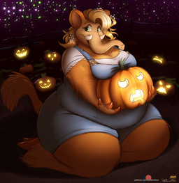 anthro clothing daisy_(flower) female fence fingers flower fur hair holding_object hooved_fingers hooves jack-o'-lantern kneeling overalls plant proboscis_(anatomy) round_ears solo tail text trunk_(anatomy) tusks scott_calico marianne_strickland elephantid mammal mammoth prehistoric_species proboscidean hi_res url