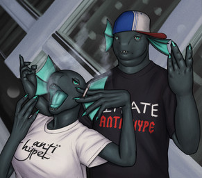 anthro cigarette clothed clothing female hand_sign looking_at_viewer male open_mouth overweight overweight_anthro overweight_male posing_for_picture smoke smoking teeth text tongue topwear tall_lizzard lizard reptile scalie english_text meme