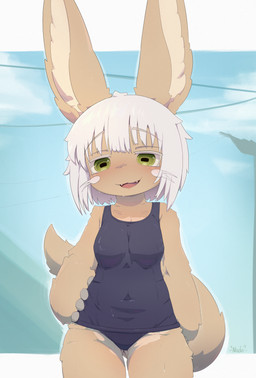 anthro blush breasts brown_body brown_fur butt clothed clothing female fluffy fluffy_tail fur hair hand_on_hip looking_at_viewer medium_breasts navel_outline one-piece_swimsuit open_mouth school_swimsuit scut_tail short_hair short_tail smile smug solo swimwear tail thick_thighs water whiskers white_hair wide_hips nade made_in_abyss nanachi lagomorph leporid mammal narehate absurd_res digital_media_(artwork) hi_res