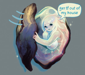 5_fingers dialogue female fingers gem gesture hair hand_gesture looking_at_viewer middle_finger monster_girl_(genre) nude pearl_(gem) simple_background solo sparkles speech_bubble split_form talking_to_viewer text feefal animal_humanoid aquatic aquatic_humanoid bivalve bivalve_humanoid humanoid humanoid_merfolk merfolk mollusk mollusk_humanoid oyster oyster_humanoid digital_media_(artwork) english_text hi_res