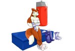 anthro armwear biped blue_eyes boots bottomwear clothing dipstick_tail elbow_gloves exercise female footwear gloves handwear legwear looking_at_viewer markings pants punching_bag shoes simple_background sitting smile socks solo tail tail_markings toony underwear undressing white_background workout winstar road_rovers colleen_(road_rovers) canid canine canis domestic_dog mammal 2007