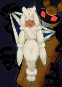 ambiguous_gender anthro duo glowing glowing_eyes glowing_red_eyes multi_arm multi_limb mummification mummified red_eyes nintendo pokemon cofagrigus generation_5_pokemon generation_6_pokemon mega_evolution mega_lopunny pokemon_(species) hi_res