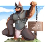 anthro beware_of_dog bound bulge chain chained clothed clothing collar crouching erection erection_under_clothing hoodie looking_at_viewer male muscular muscular_anthro muscular_male one_eye_closed outside overly_muscular sign sleeveless_hoodie smile smirk solo tenting text topwear underwear wink makowolf1 canid canine canis dobermann domestic_dog mammal pinscher 2020 english_text hi_res