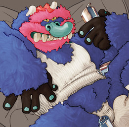 beard black_hands blue_body blue_fur clothing drinking_beer eyebrows facial_hair footwear fur horn long_nose lying male not_furry pink_beard pink_facial_hair relaxing sharp_teeth shirt slightly_chubby slightly_chubby_male small_horn smile socks solo speedo swimwear tank_top teeth topwear underwear unibrow yellow_eyes ravuer my_pet_monster humanoid monster hi_res