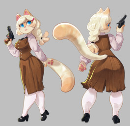 accessory anthro blue_eyes bottomwear clothing female grey_background gun hair hair_accessory hairclip open_mouth ranged_weapon shirt simple_background skirt solo tail topwear weapon lukex8 domestic_cat felid feline felis mammal absurd_res hi_res