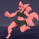 1:1 abs anthro athletic big_hands bottomwear breasts canid canine clothing eyelashes female floating fluffy fluffy_tail fox fur hair haydi_(lagotrope) lagotrope long_hair mammal midriff outside portrait shirt shorts snaggle_tooth solo star tail tank_top topwear
