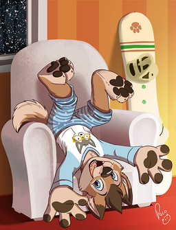 anthro blue_bottomwear blue_clothing blue_eyes blue_pants blue_pawpads blue_topwear bottomwear brown_body brown_fur brown_nose clothed clothing dipstick_ears ear_markings fur inside logo looking_at_viewer male male_anthro multicolored_ears open_mouth open_smile pajamas pants pawpads smile solo tan_body tan_fur topwear upside_down white_clothing white_topwear young young_anthro young_male pandapaco canid canine mammal artist_logo signature