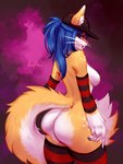 anthro blue_eyes blue_hair breasts butt clothing female fur hair hat headgear headwear legwear orange_body orange_fur pink_nose rear_view solo stockings white_body white_fur annham laxy greed_(laxy) canid canine fox mammal 3:4 absurd_res digital_media_(artwork) hi_res shaded