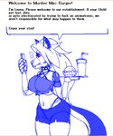 anthro burger female food machine profanity solo text crossman helluva_boss loona_(helluva_boss) animatronic canid canine mammal robot english_text