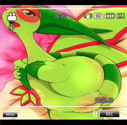 anus bed blush bodily_fluids butt camera_view female feral furniture genital_fluids genitals looking_at_viewer membrane_(anatomy) membranous_wings nude pillow recording simple_background solo sweat text vaginal_fluids vulva wings vcrow_shuu nintendo pokemon flygon generation_3_pokemon pokemon_(species)