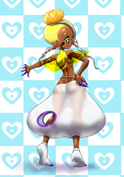 butt clothing crop_top cutout dark_body dark_skin female hand_on_hip heart_background humanoid_pointy_ears not_furry panties pattern_background pointy_ears pseudo_hair rear_view shirt simple_background smile snaggle_tooth solo tentacle_hair tentacles topwear translucent translucent_clothing underwear koharuno2 nintendo splatoon frye_(splatoon) aquatic cephalopod humanoid inkling mollusk hi_res