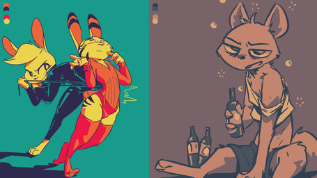 alcohol ambiguous_gender anthro arm_tuft barefoot beverage bodily_fluids bodysuit bottle bottomwear brown_background cheek_tuft chest_tuft clothed clothing color_swatch container corset drunk duo ear_markings facial_markings facial_tuft feet fur fur_markings green_background head_markings head_tuft holding_bottle holding_container holding_object knee_tuft leg_tuft legwear lingerie markings midriff off_shoulder open_mouth shorts shoulder_tuft simple_background skinsuit smile solo substance_intoxication tears thigh_highs tight_clothing topwear tuft ittybittykittytittys disney pack_street zootopia fan_character jack_savage judy_hopps marty_(weaver) lagomorph leporid mammal mustelid musteline rabbit stoat true_musteline weasel 16:9 2020 hi_res multiple_images restricted_palette widescreen
