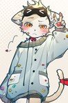 5_fingers anthro blush blush_lines clothed clothing fingers gesture hand_gesture inner_ear_fluff kemono male pawpads solo tail tuft v_sign whiskers young young_anthro young_male popokachip poka_(popokachip) domestic_cat felid feline felis mammal hi_res