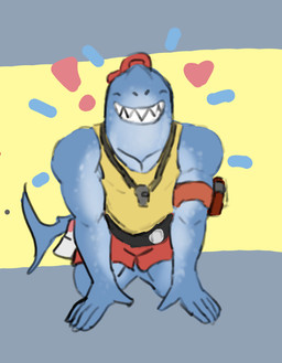 5_fingers anthro armband blue_body bottomwear clothing eyes_closed fin fingers hat headgear headwear kneeling lifeguard male male_anthro muscular muscular_anthro muscular_male sharp_teeth shirt shorts solo tail tail_fin tank_top teeth topwear whistle_(object) jaybutnotjay epic_games fortnite safety_first_steve_(fortnite) hi_res