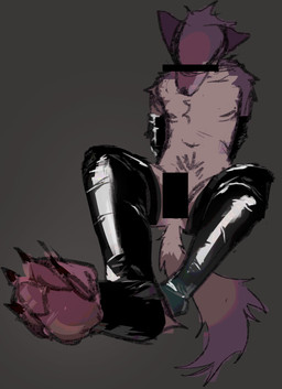 anthro armwear bdsm blindfold bondage bound censor_bar censored_face censored_genitalia claws clothing embarrassed feet foot_focus latex latex_armwear latex_clothing latex_legwear latex_stockings legwear male navel nipples pawpads paws pubes simple_background sitting solo stockings aron_aron canid canine fox mammal absurd_res censored hi_res