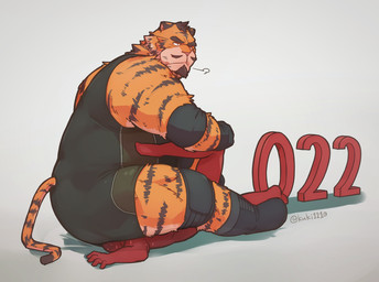 ambiguous_gender anthro beard belly biped bodily_fluids duo facesitting facial_hair male male/ambiguous mustache overweight overweight_male sitting sitting_on_another sweat wrestling_singlet kuki1210 felid mammal pantherine tiger 2022