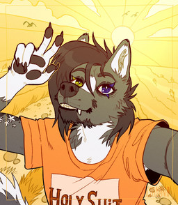 anthro black_hair black_nose black_pawpads blue_eyes clothed clothing fangs fingerpads front_view fur green_eyes grey_body grey_fur hair heterochromia looking_at_viewer male male_anthro orange_clothing orange_shirt orange_t-shirt orange_topwear outside pawpads shirt solo sun t-shirt teeth text topwear white_body white_fur 0ct0m0n0 canid canine mammal artist_name hi_res