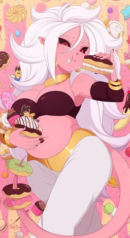 bare_shoulders belly big_breasts black_nails black_sclera breasts candy clothed clothing colored_nails confetti dessert doughnut eating female food hair holding_food holding_object humanoid_pointy_ears long_hair looking_down nails navel not_furry overweight overweight_female overweight_humanoid pastry pink_body pink_skin pointy_ears red_eyes solo standing text weight_gain white_hair merunyaa dragon_ball dragon_ball_fighterz android_21 majin_android_21 alien alien_humanoid humanoid majin 2018 digital_media_(artwork) english_text hi_res signature