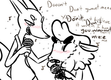 anthro blush dialogue drunk duo electronics female fur male microphone musical_note musical_symbol simple_background singing substance_intoxication symbol text wool_(fur) inkyfrog disney pack_street zootopia avo_(weaver) fan_character remmy_cormo bovid canid canine canis caprine domestic_sheep jackal mammal sheep digital_media_(artwork) english_text