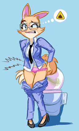 accessory anthro bodily_fluids bottomwear bottomwear_down clothed clothing eyewear fart feces female footwear formal_wear glasses high_heels imminent_scat implied_scat necktie panties pants pants_down partially_clothed pink_clothing pink_panties pink_underwear poop_desperation shoes solo suit suit_jacket sweat toilet toilet_use underwear underwear_down wearing_glasses rabbidsigner dreamworks the_bad_guys diane_foxington canid canine fox mammal true_fox hi_res