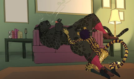 after_sex age_difference anthro bodily_fluids breath cigar clothing cum cum_drip detailed_background dripping duo footwear furniture genital_fluids holidays lamp male male/male mostly_nude obese obese_anthro obese_male older_male on_sofa overweight overweight_anthro overweight_male panting shoes size_difference smoking sofa tail twistedteeth christmas cheetah felid feline jaguar mammal pantherine hi_res trans_(lore) trans_man_(lore)