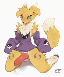3_toes animal_genitalia animal_penis anthro balls biped black_sclera blonde_hair blue_eyes blush bodily_fluids bottomless bottomless_anthro bottomless_male canine_genitalia canine_penis claws clothed clothed_anthro clothed_male clothing countershade_fur countershade_torso countershading erection feet femboy front_view fur genital_fluids genitals hair kneeling knot knotted_penis looking_at_viewer male male_anthro partially_clothed partially_clothed_anthro partially_clothed_male pawpads paws penis precum simple_background solo tail toe_claws toes topwear topwear_only white_background yellow_body yellow_fur yellow_tail waspsalad bandai_namco digimon canid digimon_(species) mammal renamon 2026 digital_drawing_(artwork) digital_media_(artwork) hi_res