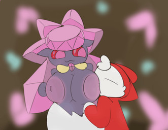 ambiguous_gender anthro areola big_areola big_breasts black_body bottomless breast_play breast_suck breasts cat_smile clothed clothing clothing_aside diamond_(gem) duo eyes_closed female fur fur_tuft gem hand_on_belly head_gem hoodie hoodie_only huge_breasts long_pigtails looking_at_another nipple_fetish nipple_play nipple_suck nipples open_mouth open_smile pigtails pink_areola pink_eyes pink_gem pokemorph red_clothing red_hoodie red_sclera red_shirt red_topwear shirt shirt_only simple_background smile sucking topwear topwear_only tuft white_body white_fur essentiad nintendo pokemon manu_(essentiad) diancie domestic_cat elemental_creature felid feline felis gem_creature generation_6_pokemon legendary_pokemon mammal mineral_fauna pokemon_(species) 2d_animation animated digital_media_(artwork) hi_res loop