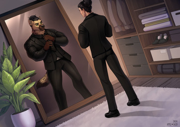 accessory altered_reflection anthro biped black_bottomwear black_clothing black_hair black_jacket black_necktie black_nose black_pants black_topwear bottomwear brown_body brown_fur clothed clothing dutch_angle fully_clothed fur green_eyes hair hair_bun inside jacket male male_anthro mirror mouth_closed muscular muscular_anthro muscular_male necktie pants reflection solo standing tan_body tan_fur text topwear whiskers apple-faced human hyena mammal digital_media_(artwork) english_text full-length_portrait hi_res portrait