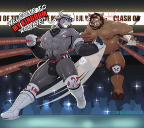 anthro beard belly biceps body_hair boots chest_hair clothing dialogue duo facial_hair fangs fight fighting_pose fighting_ring footwear gloves gut_punch handwear horn male musclegut muscular muscular_male nipples pose punch ring shoes tail teeth dillcresta bovid bovine cattle mammal suid suine sus_(pig) wild_boar absurd_res hi_res