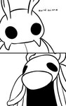 2_horns 2_panel_comic ambiguous_gender antennae_(anatomy) biped black_eyes black_text clothed clothing duo horn male mouth_closed simple_background sound_effects standing text white_background white_head skeletorskeletonized hollow_knight team_cherry bretta_(hollow_knight) elderbug_(hollow_knight) arthropod beetle insect 2020 5:8 comic digital_media_(artwork) english_text first_page hi_res monochrome female_(lore)