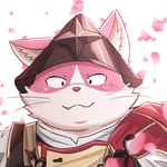 1:1 anthro armor blush bungo_(tamacolle) cherry_blossom domestic_cat felid feline felis fur headgear helmet hi_res japanese_text kemonuo looking_at_viewer male mammal overweight overweight_male pink_body pink_fur plant snaggletooth_(disambiguation) solo tamacolle text