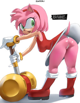 5_fingers accessory anthro bent_over big_breasts blush boots breasts butt butt_focus clothed clothing dialogue dress eyelashes female fingers footwear fur glistening glistening_butt gloves green_eyes hair hair_accessory hairband hammer handwear hanging_breasts multicolored_body open_mouth panties pink_body pink_fur shoes solo speech_bubble tail tan_body tan_skin teeth text tongue tools two_tone_body underwear white_clothing white_panties white_underwear zweebu sega sonic_the_hedgehog_(series) amy_rose eulipotyphlan hedgehog mammal english_text hi_res