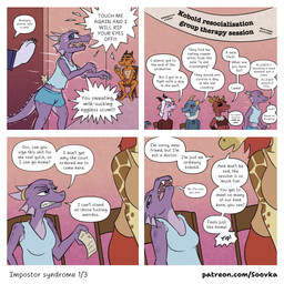 angry anthro blue_eyes bottomwear clothing female fin group hair horn profanity purple_body red_hair shorts text therapy soovka karat_(soovka) parsley_(soovka) giraffe giraffid kobold mammal scalie 1:1 comic english_text hi_res url
