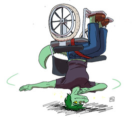 anthro breakdancing clothed clothing dancing disability female green_body green_hair hair looking_at_viewer paraplegic simple_background solo upside_down vehicle wheelchair white_background yellow_sclera heartsick cavemanon_studios i_wani_hug_that_gator olivia_halford baryonyx dinosaur prehistoric_species reptile scalie spinosaurid theropod