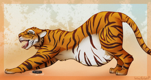 after_vore ambiguous_gender belly big_belly black_stripes bodily_fluids duo feral open_mouth orange_background orange_body orange_legs orange_tail saliva simple_background stretching stripes tail text vore white_belly woofslorp felid mammal pantherine tiger 2025 artist_name hi_res shaded