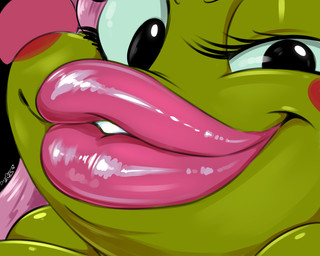 anthro black_background black_eyebrows black_eyes blush blush_stickers close-up eyebrows eyelashes female glistening glistening_eyes green_body green_skin hair lips lipstick makeup pink_hair pink_lips pink_lipstick red_cheeks simple_background smile solo teeth teeth_showing text thick_lips conditional_dnp digitaldomain123 don_bluth thumbelina_(movie) mrs._toad amphibian frog toad_(frog) 2025 5:4 absurd_res artist_name hi_res signature