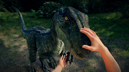 ambiguous_gender blue_body blue_scales claws detailed_background duo eye_contact female feral first_person_view grey_body grey_scales hand_holding hand_on_head headpat looking_at_another looking_at_partner looking_at_viewer looking_up multicolored_body multicolored_scales outside petting petting_pov plant pupils scales slit_pupils smile standing tail unsigned yellow_eyes ivorylagiacrus jurassic_park jurassic_world universal_studios blue_(jurassic_world) dinosaur dromaeosaurid human mammal prehistoric_species reptile scalie theropod velociraptor 16:9 2022 3d_(artwork) 4k absurd_res digital_media_(artwork) hi_res widescreen female_(lore)