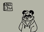 anthro calendar clothing fur grey_background hair half-closed_eyes hand_in_pocket hoodie male narrowed_eyes october_(month) pockets simple_background smile solo standing topwear pokonuki poko_(pokonuki) canid canine mammal raccoon_dog tanuki 2020 digital_media_(artwork) monochrome sketch