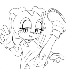 anus blush blush_lines body_writing clothed clothing dress female flashing genitals gesture gloves half-closed_eyes hand_gesture handwear humanoid_genitalia humanoid_vulva inviting loli looking_at_viewer narrowed_eyes no_underwear on_one_leg open_mouth open_smile partially_clothed smile solo standing text v_sign vulva writing_on_thigh young arevix sega sonic_the_hedgehog_(series) cream_the_rabbit english_text hi_res monochrome