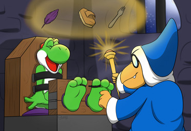 3_toes 4_fingers ankles_tied anthro arms_by_side arms_tied barefoot bars biped blue_clothing blue_hat blue_headwear blue_robe bound brush claws clothed clothing countershade_face countershading cutlery detailed_background dungeon duo eyes_closed eyewear feet finger_claws fingers foot_fetish fork fully_clothed glasses green_body hat headgear headwear hindpaw inside kitchen_utensils laugh loose_feather magic magic_user magic_wand male motion_lines multicolored_body night nude open_mouth paws pillow plantigrade purple_pillow red_body restraints robe shadow sitting sky soles spread_fingers standing star starry_sky stocks teeth teeth_showing tickle_fetish tickle_torture tickling tickling_feet toe_restraints toes toes_tied tongue tools white_body window wizard_hat chaos99 mario_bros nintendo yoshi's_island kamek green_yoshi koopa magikoopa scalie yoshi 2021 digital_media_(artwork)