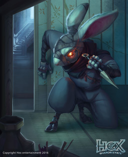 4_fingers anthro clothing crouching dagger fingers fur gloves glowing glowing_eyes grey_body grey_fur handwear holding_dagger holding_melee_weapon holding_object holding_weapon looking_at_viewer male melee_weapon sneaking solo stairs tatami weapon ellemnian hex:_shards_of_fate lagomorph leporid mammal rabbit 2016 absurd_res digital_media_(artwork) hi_res official_art