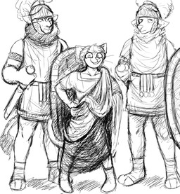 anthro armor clothing galea group hair headgear helmet male melee_weapon military roman shield size_difference smile soldier sword toga warrior weapon hladilnik catligula canid canine canis domestic_cat felid feline felis lion mammal pantherine wolf black_and_white hi_res monochrome