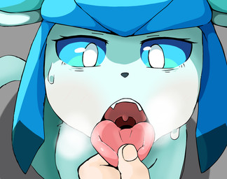 ambiguous_feral ambiguous_gender ambiguous_human black_nose blue_body blue_fur blue_sclera blush blush_lines bodily_fluids breath duo eyelashes fangs feral feral_focus fingernails fingers first_person_view front_view fur grey_background human_pov light_body light_skin looking_at_viewer mouth_shot nails open_mouth pink_tongue simple_background slight_blush solo_focus sweat tail teeth tongue tongue_grab tongue_out uvula white_eyes hebirin nintendo pokemon eeveelution generation_4_pokemon glaceon human mammal pokemon_(species) 2025 digital_media_(artwork) hi_res
