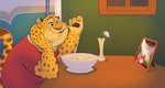 2021 antelope anthro benjamin_clawhauser bovid bowl cheetah container countershading cutlery detailed_background disney eating felid feline flower fur furniture gazelle gazelle_(zootopia) hi_res holding_spoon kitchen_utensils male mammal markings nemonutkin overweight overweight_male photo picture_in_picture plant sitting solo spoon spots spotted_body spotted_fur table tools yellow_body yellow_fur zootopia