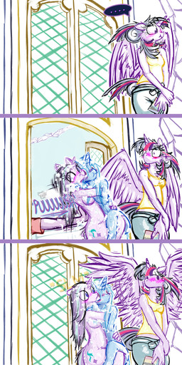 anthro aroused awkward bathroom blush confusion convenient_censorship door_slam female female/female horn hug magic nude pushing soap suds surprised telekinesis wet wings yelling frist44 friendship_is_magic hasbro my_little_pony mythology spike_(mlp) starlight_glimmer_(mlp) trixie_(mlp) twilight_sparkle_(mlp) dragon equid equine mammal mythological_creature mythological_equine mythological_scalie scalie winged_unicorn absurd_res comic hi_res