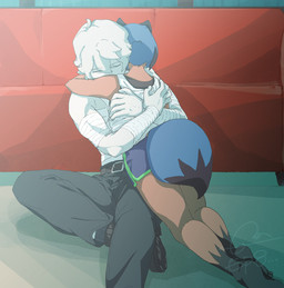 anthro bandage barefoot black_body black_fur black_hair blue_body blue_fur blue_hair brown_body brown_fur clothed clothing duo eyes_closed feet female fluffy fluffy_tail fur hair hug male multicolored_body multicolored_fur multicolored_hair shirt tail tank_top topwear m_mmbna brand_new_animal studio_trigger michiru_kagemori shirou_ogami canid canine human mammal raccoon_dog tanuki hi_res