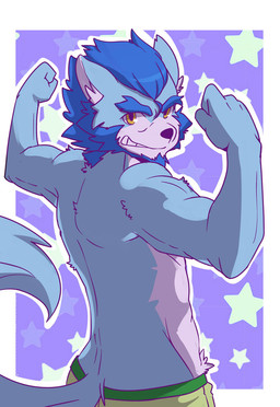 4_fingers amber_eyes anthro beard black_nose blue_body blue_fur blue_hair border bottomwear clothed clothing crotch_tuft facial_hair fingers flexing fur grin hair inner_ear_fluff looking_at_viewer looking_back male mature_anthro mature_male muscular muscular_anthro muscular_male pants pattern_background simple_background smile solo star_pattern teeth topless tuft white_body white_border white_fur saku1saya canid canine canis mammal wolf 2015