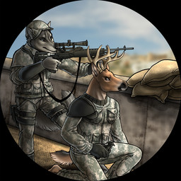 anthro antlers blue_eyes button_(fastener) cloud day duo explosives fur grenade grey_body grey_fur grey_tail gun horn male military outside predator/prey ranged_weapon rifle scope sky sniper_rifle soldier tail warrior weapon rukis canid canine canis deer mammal wolf 1:1