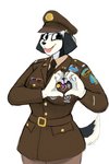 anthro clothing female gesture heart_gesture medal military_uniform necktie oppai_heart purple_heart simple_background smile solo uniform white_background hladilnik samantha_thott canid canine canis domestic_dog mammal 2018 2:3 hi_res